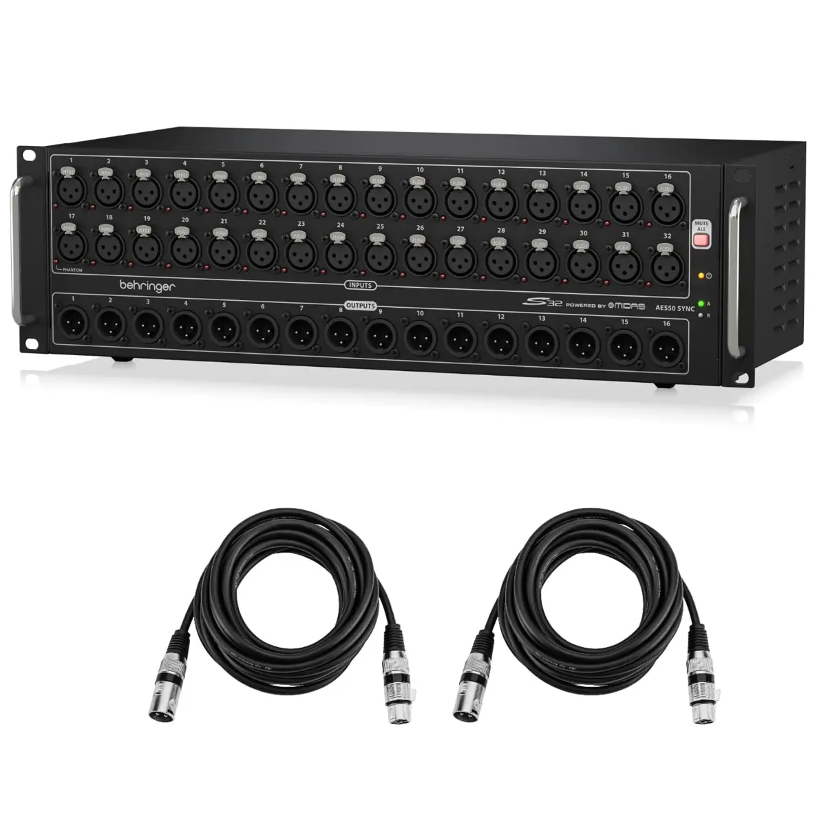 Behringer S32 I/O Box with 32x Remote-Controllable Midas Preamps, Bundle With 2x 25' XLR M to F Professional Microphone Cables