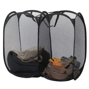 OKAKA 140L Pop-Up Laundry Mesh  Hamper with 2 Compartments,Dual Laundry Basket Collapsible for Storage,College Dorm or Travel(Black)