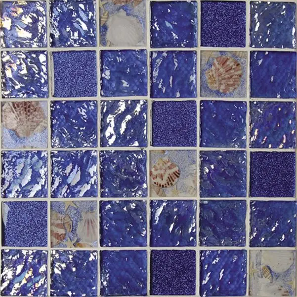 212 MAIN Intrend Rhapsody In Blue 2x2 Square Kitchen Glass Tile - Mixed Ocean Blue & Sea Shell Colors, Modern Decor Colorful Wall Backsplash Building Supply