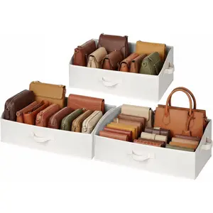 3-Pack Trapezoid Fabric Storage Bins with Handles, Foldable Closet Organizer Baskets for Shelves, Large Clothes Boxes in Mixed Beige, White & Ivory