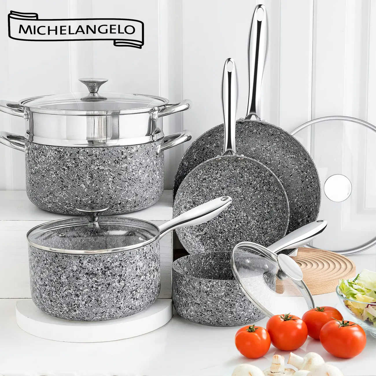 MICHELANGELO 10-Piece Nonstick Cookware Sets - Stone-Like Granite Coating Aluminium Pots and Pans, Cadmium-Free for Home Kitchen Use
