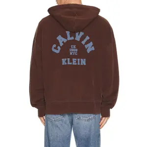 Calvin Klein Washed Premium Vintage Logo Zip Hoodie in Rich Brown