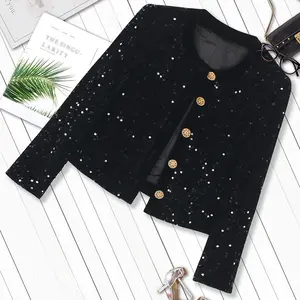 DS Unique Design Lady's Fitted Velvet Sequins Round Neck Longsleeves Punk Jacket - Fashion Metal Button Outerwear, Autumn Winter Essential Piece with Shirt-Inspired Details, Soft Accessories-Ready Womenswear