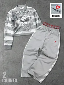 American Style Versatile Short Sleeve Sweatshirt and Sports Pants Set, Y2K Trendy Unisex Hip Hop Loose Fit, Men's Fashion