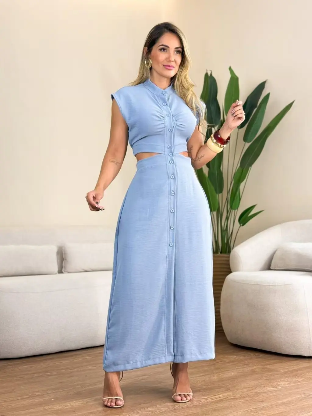 Women's Elegant Blue 2-Piece Skirt & Top Set - Button Detailing, Flowing Skirt DesignWomenswear, Chic, Clothes, Elegance, Style, Suits, Fit
