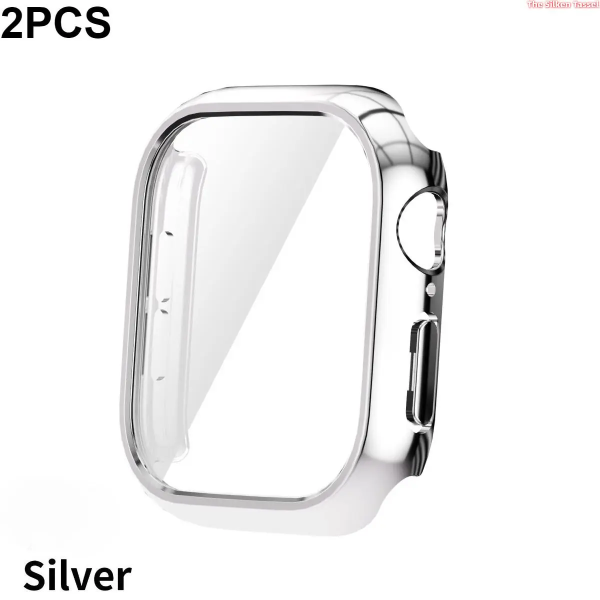 2PCS Borderless Electroplated Pc Watch Case With Tempered Glass Screen Protector, Full Coverage Anti Drop Shell 40/41/42/44/45/46mm For Daily Use Fits Apple Watch Series 6 7 8 9 10 11 SE3 (No Watch) Halloween Smartwatch Accessories Protective Shield Weara