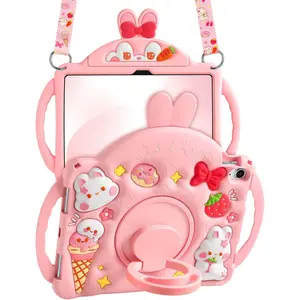 iPad A16 Case/10th Generation Case - Girls Cute Girly Protective Silicone Rabbit Tablet Cover for iPad 11th 11" 2025/10.9inch 2022 with Shoulder Strap & Rotating Kickstand & Handle