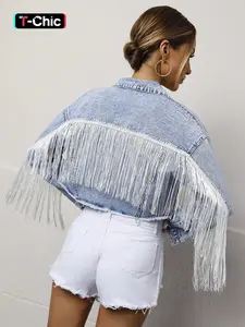 Elegant Fashion Backless Fringed Denim Jacket Coats for Music Festivals, Casual Stylish Chic Streetwear for Women, Trendy Short Outerwear Womenswear