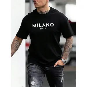 Unisex Men's Letter Print Drop Shoulder Short Sleeve Tee, Regular Fit Casual Round Neck Stretch T-shirt for Summer, Menswear Top for Daily Wear,Men's Solid Color Crewneck Tee for Gym & Casual
