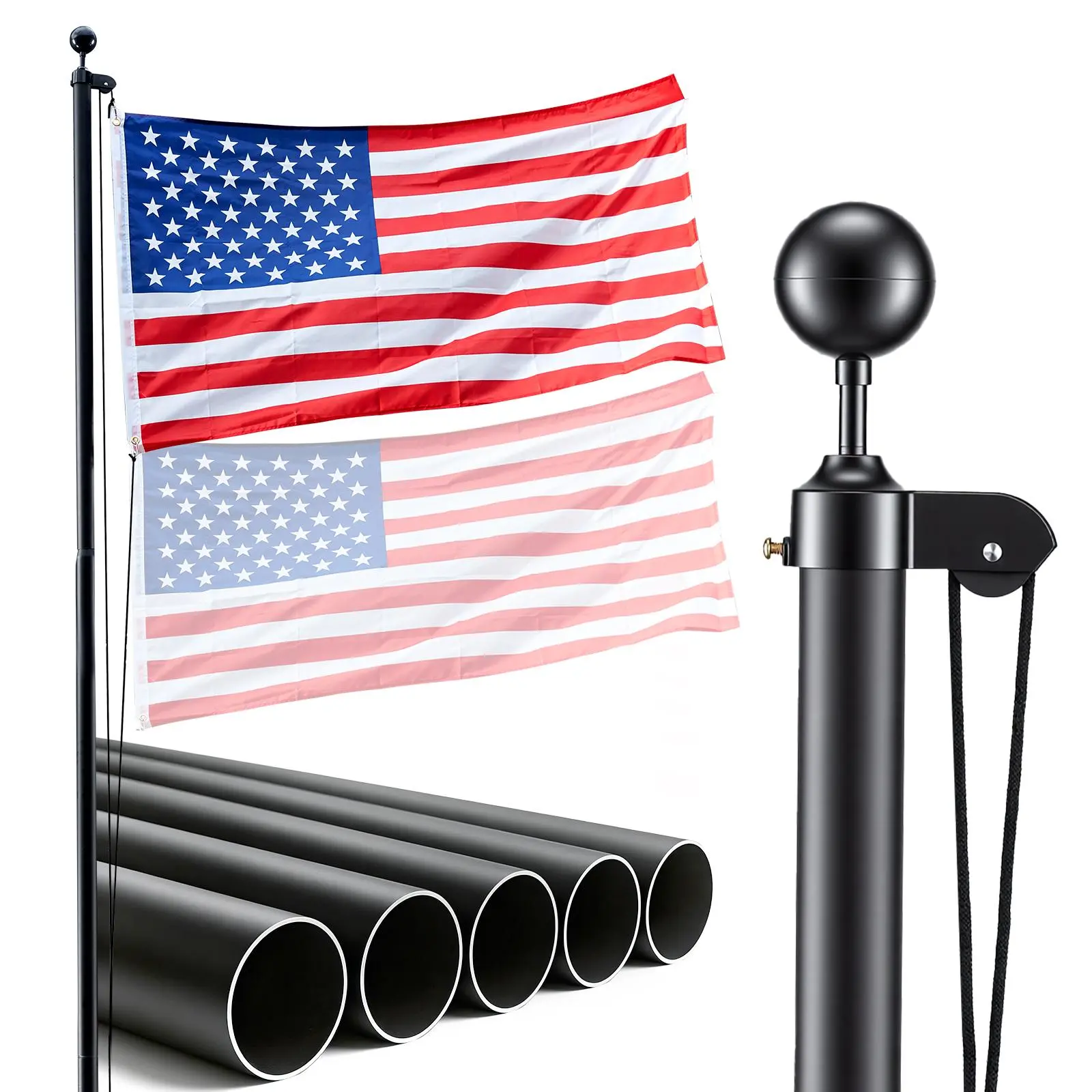 VEVOR Sturdy 20 ft Sectional Aluminum Flag Pole Kit, Extra Thick In-Ground Flagpole with Pulley System & Greater Stability, 3x5 American Flag, Durable Outdoor Durability & Multi-Display for Residential, Commercial Use#BackToSchool