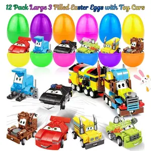 12 Pack Large 3” Filled Easter Eggs with Toy Cars – Kids Easter Basket Essentials, 6-in-1 Transform Building Block Vehicles, Boys Egg Hunt Basket Stuffers, Party Favors & Easter Gift