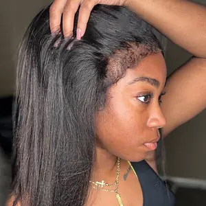 4C Edges Yaki Wig 13x6 HD Lace Frontal Wig Kinky Straight Human Hair Wigs Natural Curly Baby Hair Around Pre Plucked Natural Hairline 200% Lace Wigs on Sale