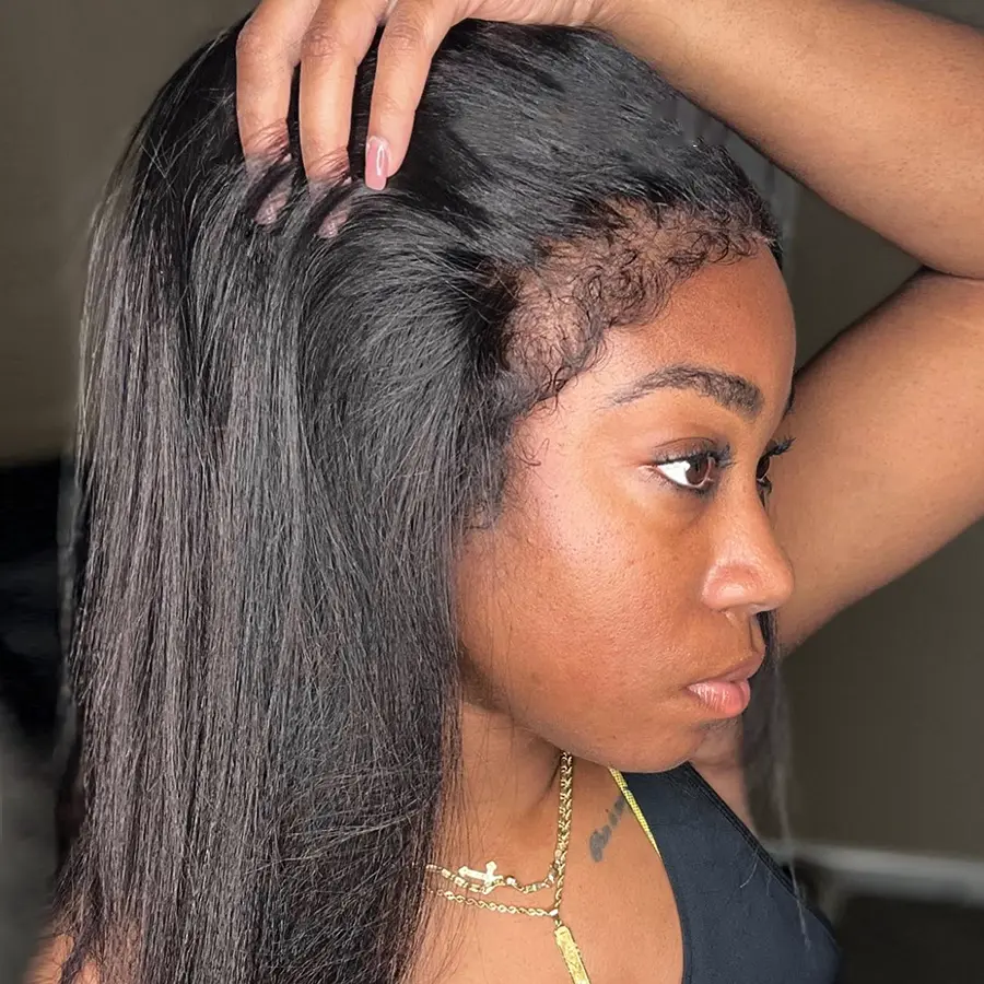 4C Edges Yaki Wig 13x6 HD Lace Frontal Wig Kinky Straight Human Hair Wigs Natural Curly Baby Hair Around Pre Plucked Natural Hairline 200% Lace Wigs on Sale