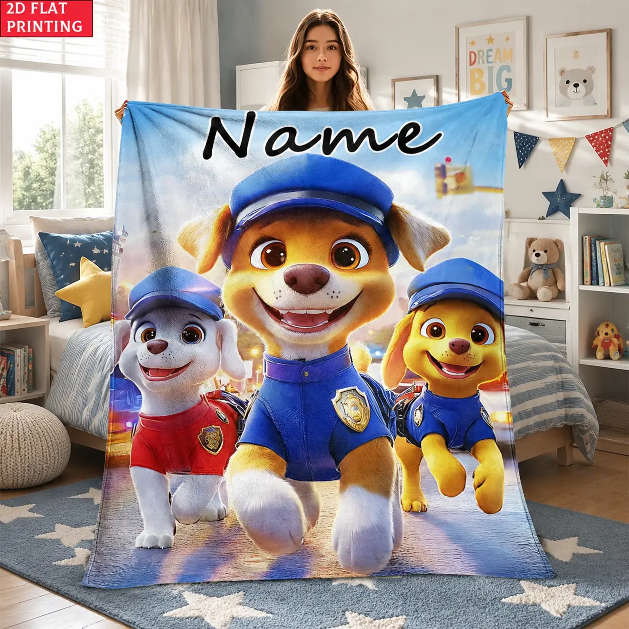 1pc 2D Flat Running Police Dog Print Flannel Blanket - Custom Name, Ultra Soft, Lightweight, Breathable, Wrinkle Resistant, Durable, Machine Washable - Cozy Warm Throw for Camping, Holiday Gift for Loved Ones, All Seasons Sofa Use