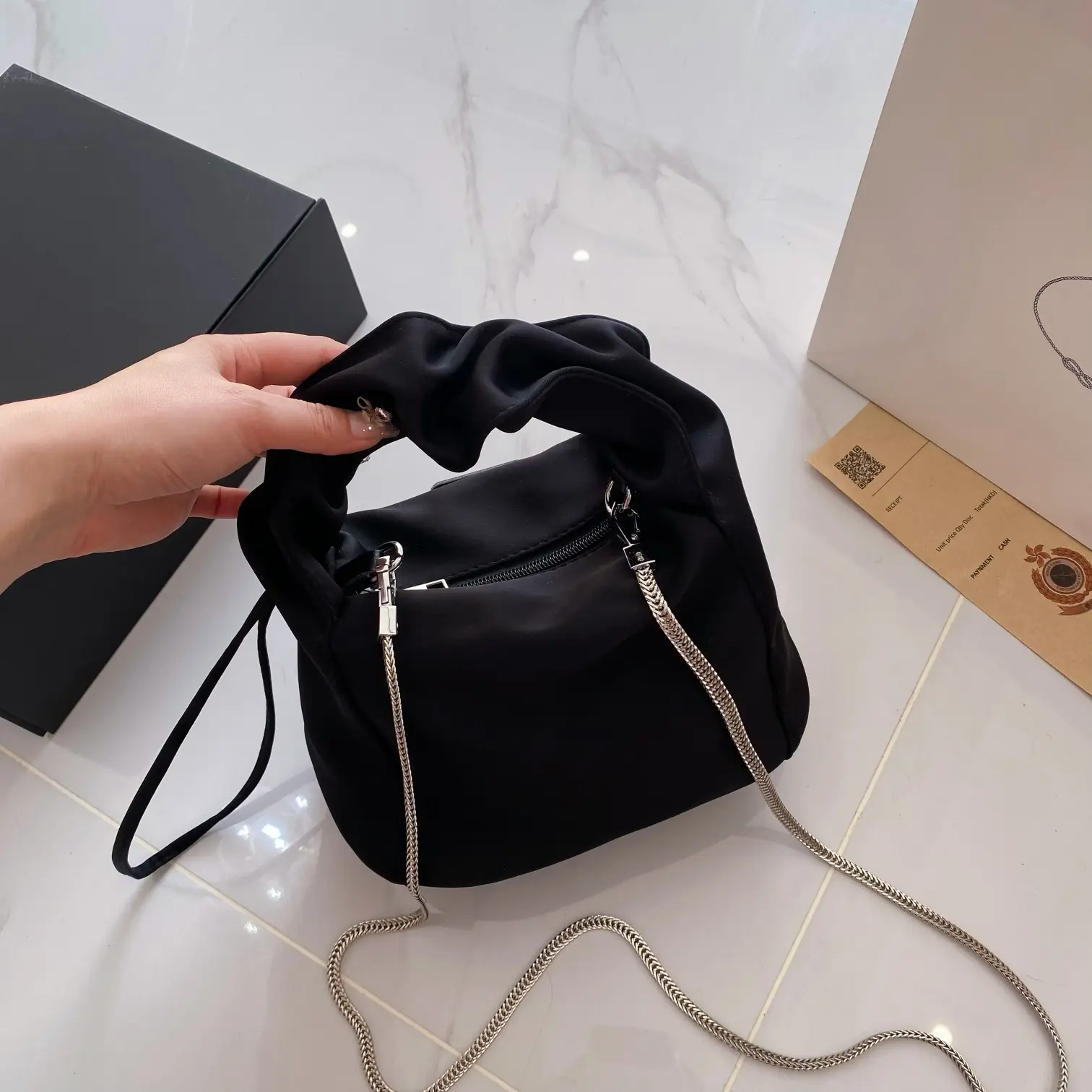 Mini Nylon Cloud Top Handle Bag for Women, Lightweight Crossbody Purse with Chain Strap, 22x14x14cm,  Black Satchel for Daily & Party Use