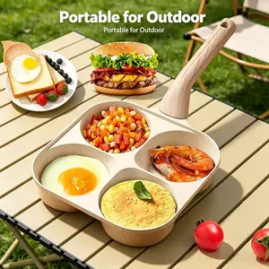 Non-Stick 4-Hole Frying Pan Cookware with Wooden Handle, Easy-Flip Egg & Pancake Maker for Perfect Breakfast