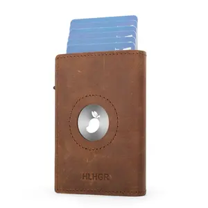 Men's Minimalist Top-Grain Leather Smart Wallet, Slim RFID-Blocking Bifold with AirTag Slot, Card Pop-Up Mechanism, 9-14 Card Capacity, ID Window & Cash Compartment (AirTag Not Included)