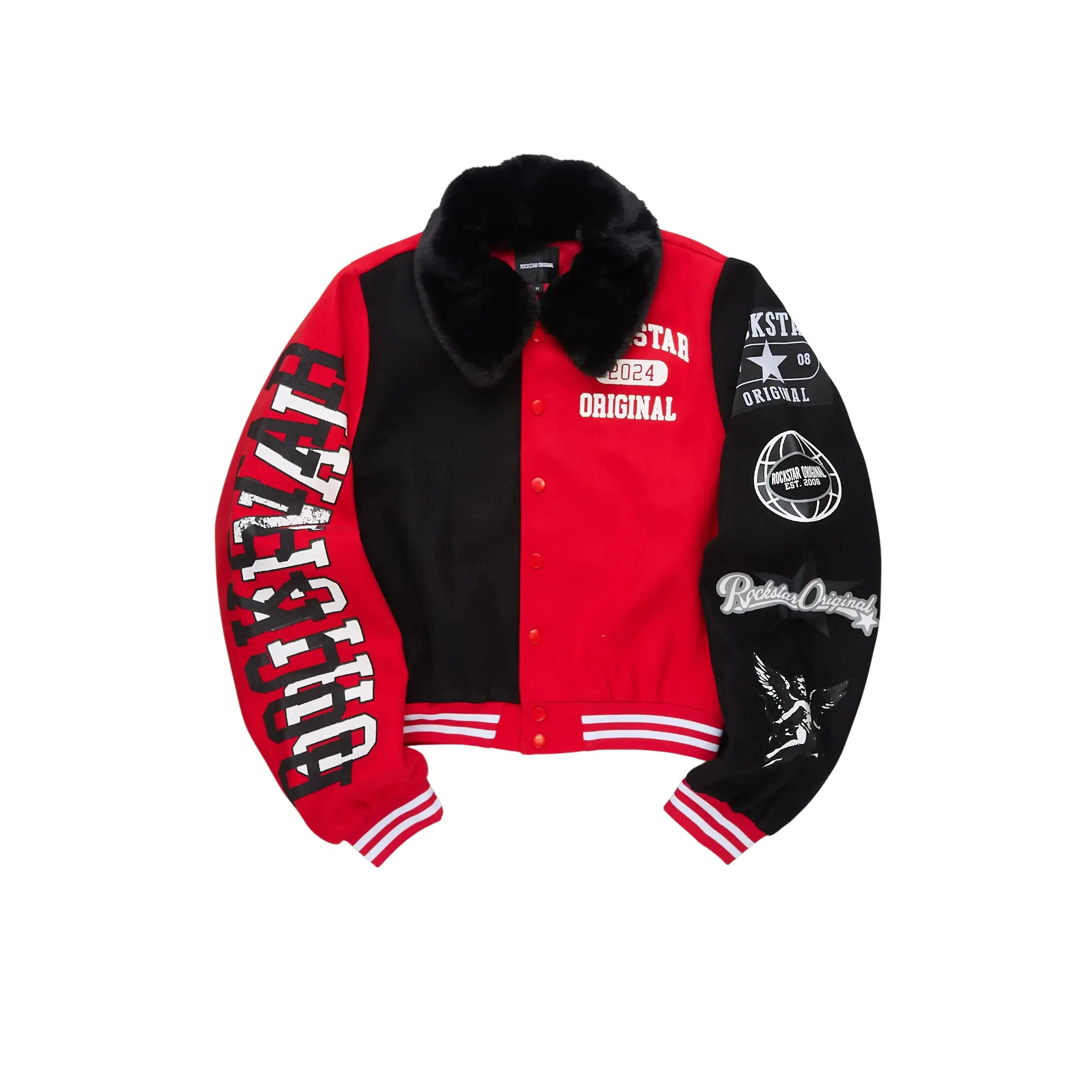 Kisha Black/Red/White Fur Collar Varsity Jacket