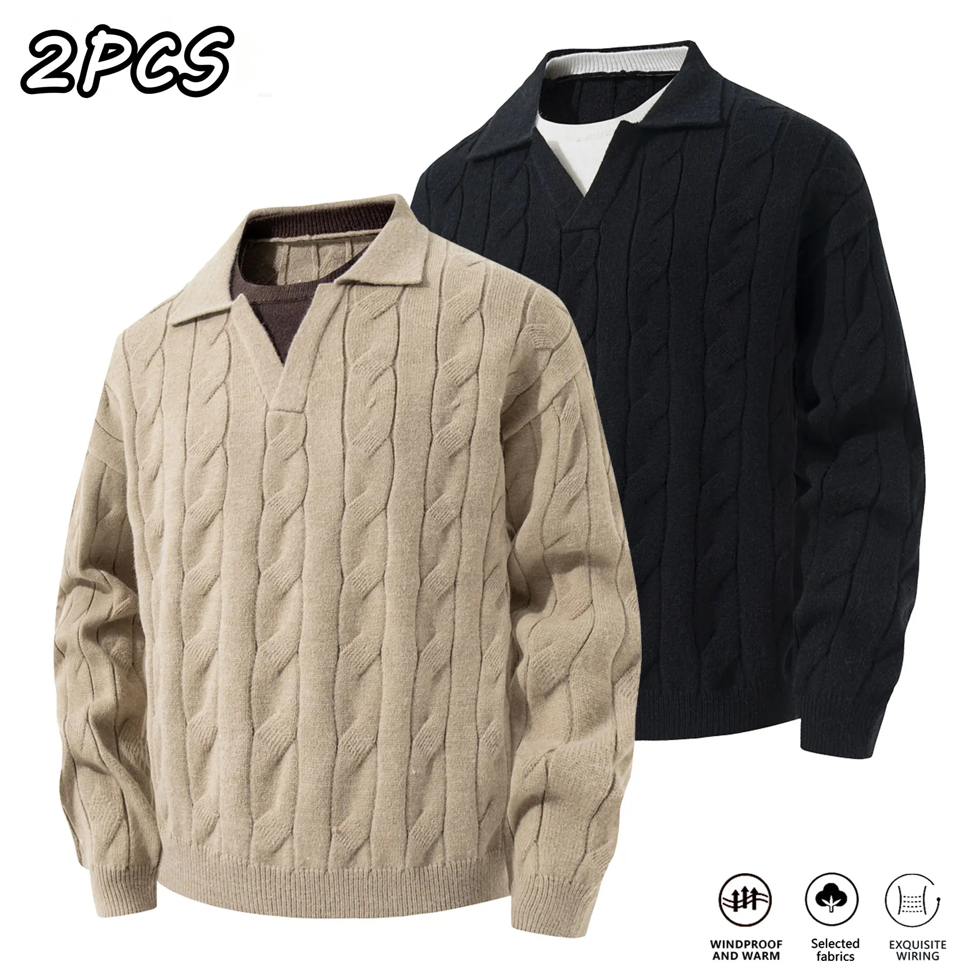 Men’s 2-pack cable-knit V-neck sweaters, soft and warm with a textured knit pullover design, classic turn-down collar, long sleeves, casual knit tops suitable for autumn and winter, commuting, and everyday wear