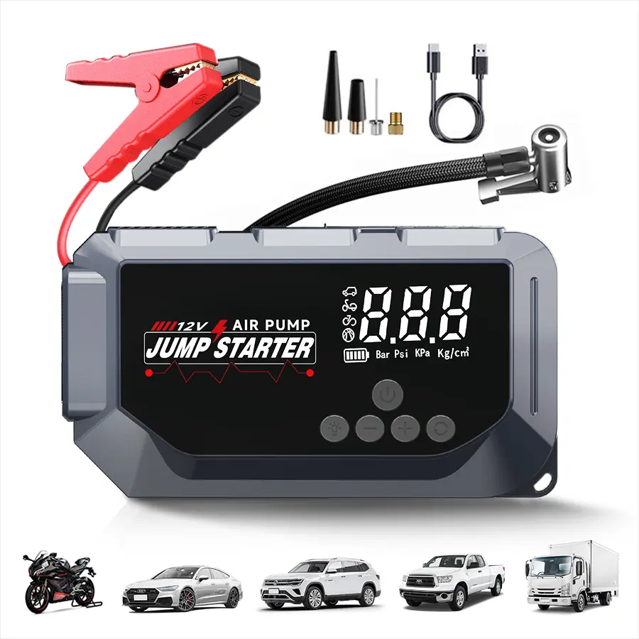 Portable Car Jump Starter & 150PSI Digital Tire Inflator, Power Bank, USB Rechargeable, LED Emergency Light,  Tire Pressure Detection, Quick Charge – for Gas/Diesel Vehicles, Motorcycles, Outdoor Camping