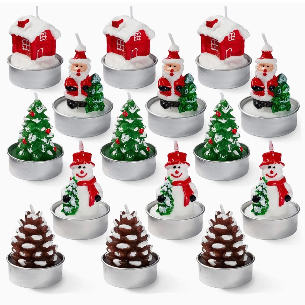 The 15 Mini Christmas Unscented Tea Light Candles in 4 Assorted Designs (Xmas Tree, Santa, Snowman, Pinecone) Ideal for Home Decor, Dinner Tablle, Parties