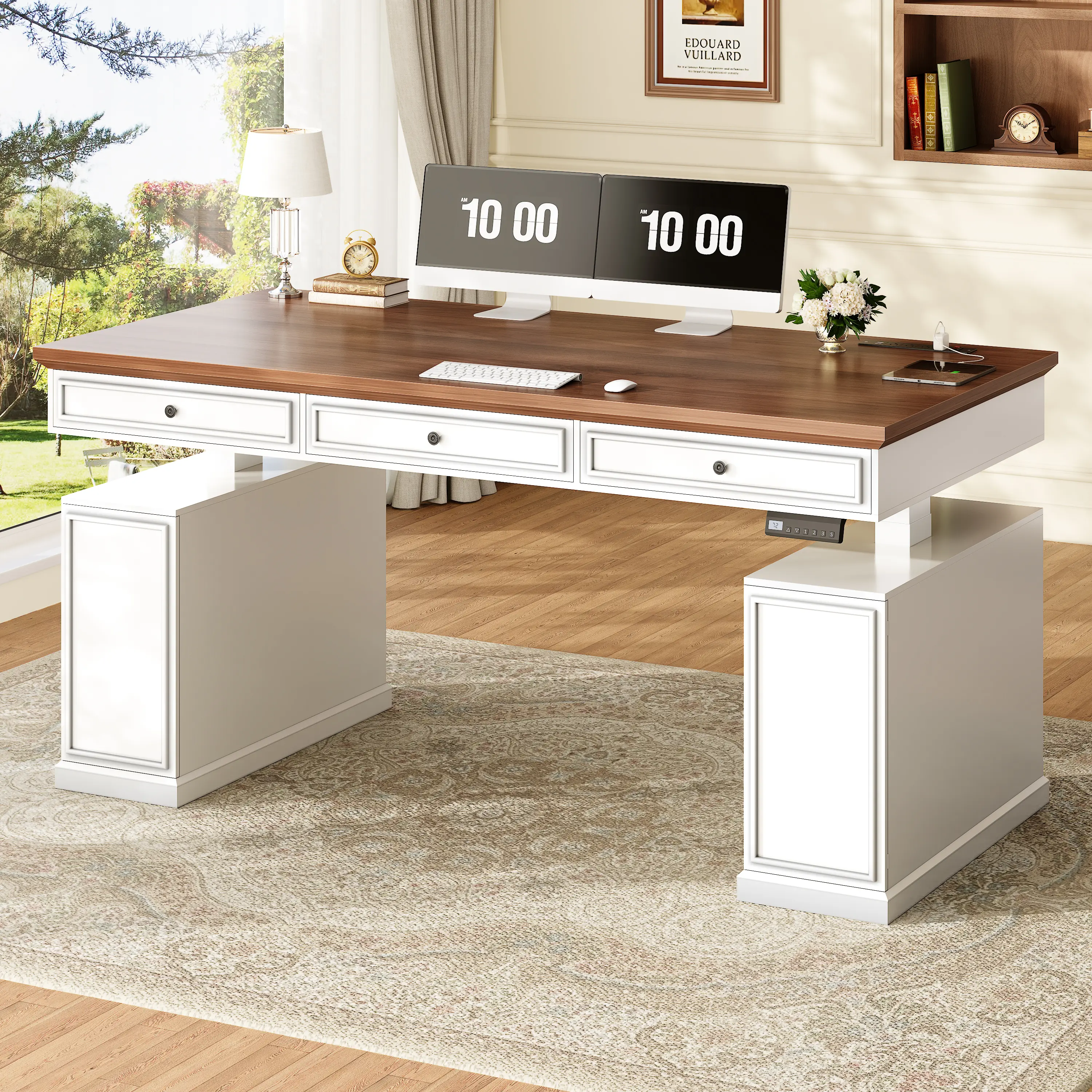 Sedeta Farmhouse Height Adjustable Electric Standing Desk - 55.1" Wooden Top Executive Office Desk with 3 Drawers, Storage Cabinet, Power Outlets for Home Office Use, Height Adjustable Desk