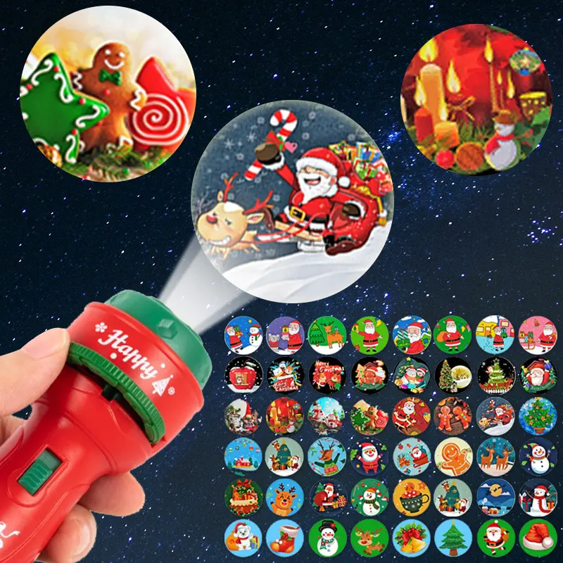 Unisex 2-in-1 Luminous Projector-Flashlight Torch Toy - 48 Patterns, BPA Free, Cartoon Santa Design, Batteries Built-In, Fun Early Education Toy for 4-6 Years Kids, Birthday Gift
