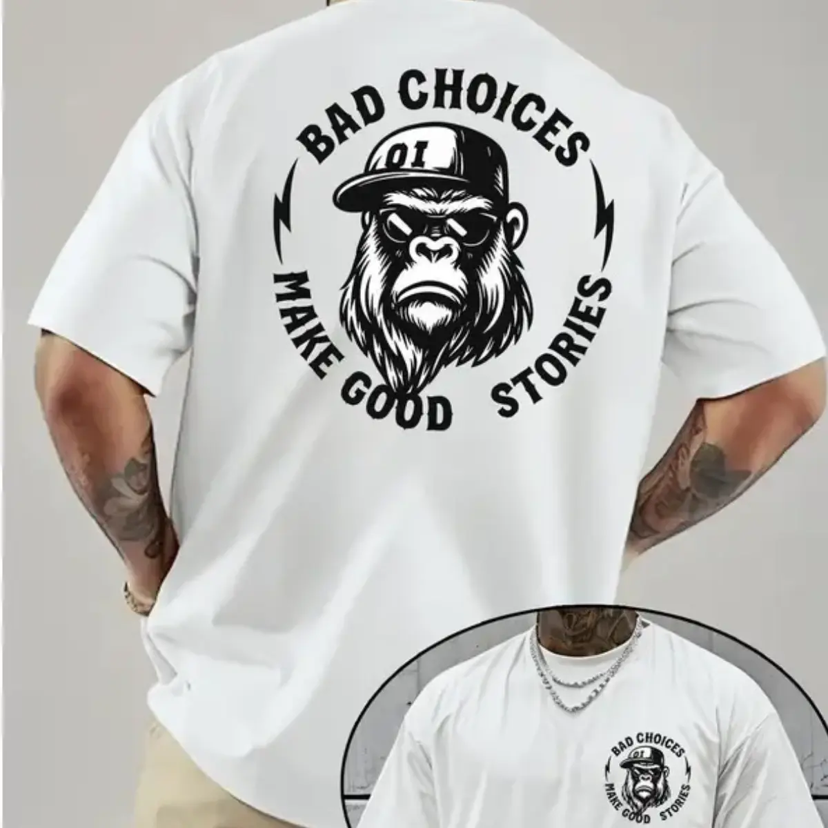 Bad Choices Make Good Stories T-Shirt - Gorilla Wearing Sunglasses And 01 Cap Graphic With Matching Chest Print , Men's Streetwear Tee , Funny Quote Shirt , Urban Casual Outfit , Bold Monkey Apparel , Gift For Men , Gorilla Fans And Humor Lovers Top Sport