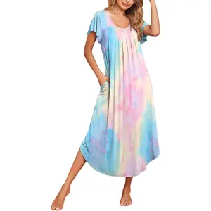 Long Nightgowns for Women with Pockets Short Sleeves Moo Moos for Women Casual Maxi Dress House Dresses S-XXXLGift