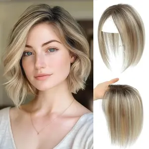 Beta Beauty Real Human Hair Toppers for Women with Thinning hair 10inch No Bangs 8*12cm Upgrade Lace Base 30 Gram Silk, Natural, realistic, Use Daily, Hairloss（Omber Blonde with Highlights，No bangs）