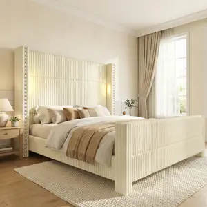 【Ships in 1 or 2 Packages】Wingback Bed Frame with Reading Lights, Corduroy Upholstered Headboard with USB Ports, Noise-Free Platform Bed Frame 1200 lbs Heavy Duty, Aesthetic Bedroom Decor Must Have Gift for Teen Girls Women,Summervibes