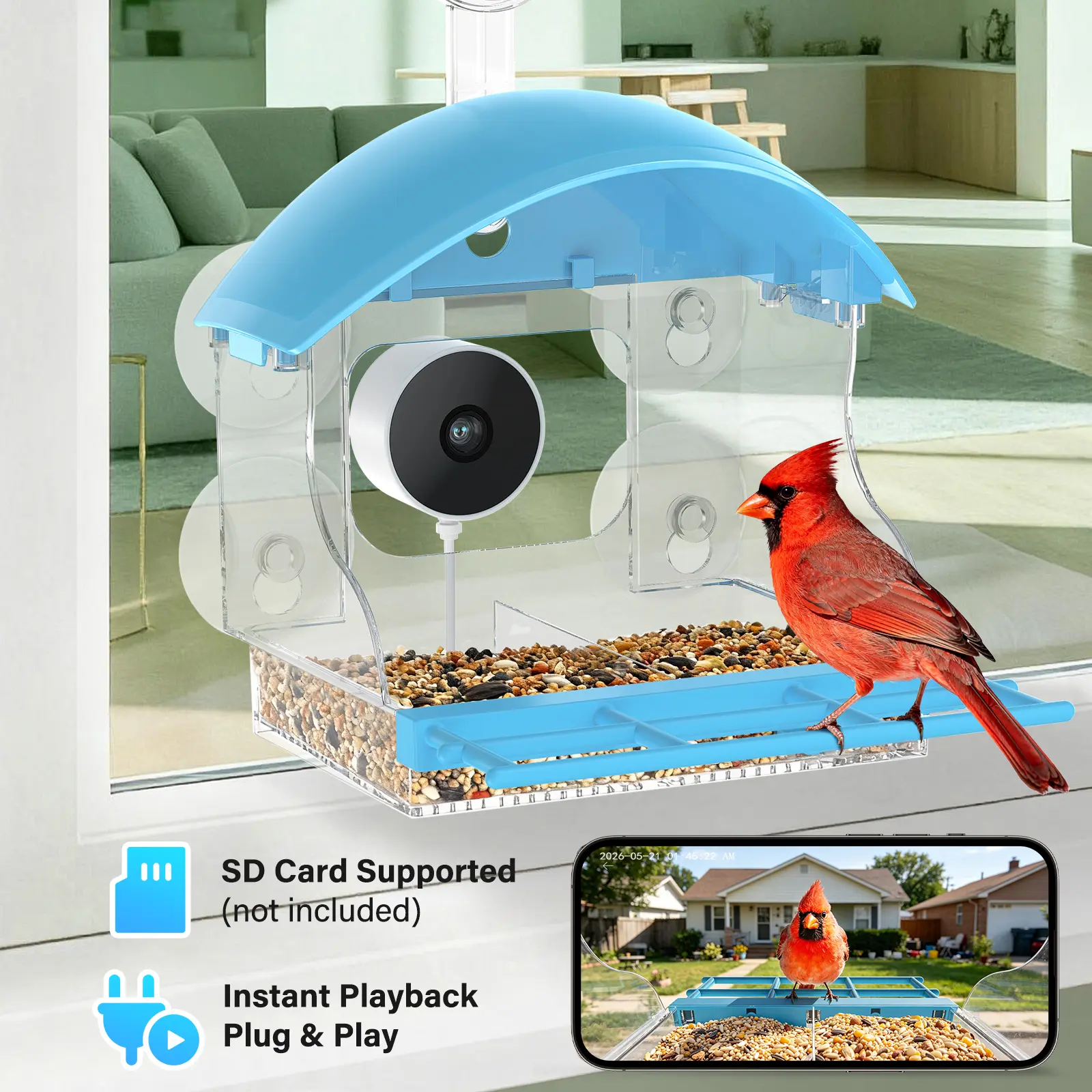 2026 Upgraded Window Bird Feeder with Camera for Bird Watching,2K Live Video,AI Bird Identification,Instant Arrival Alerts,Support 2.4G/5G WiFi,Featuring 5 Strong Suction Cups.