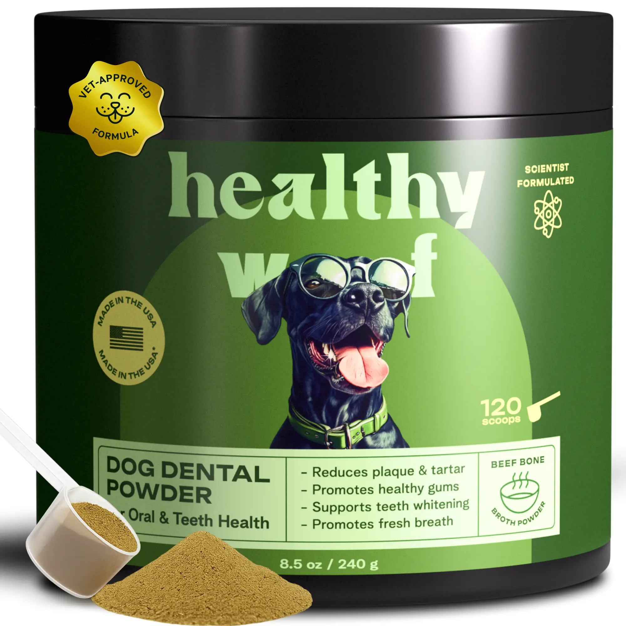 Healthy Woof Dog Dental Powder - No-Brushing Dog Oral Care Supplies with Green Tea Extract, Natural Blend, Freshness Boost, Daily Plaque & Tartar Support (2.1 Oz / 60 G/30 Scoops, 4.2 oz/120 g/60 Scoops, 8.4 oz/240 g/120 Scoops), 120 Scoops (8.4 Oz/ 240 G