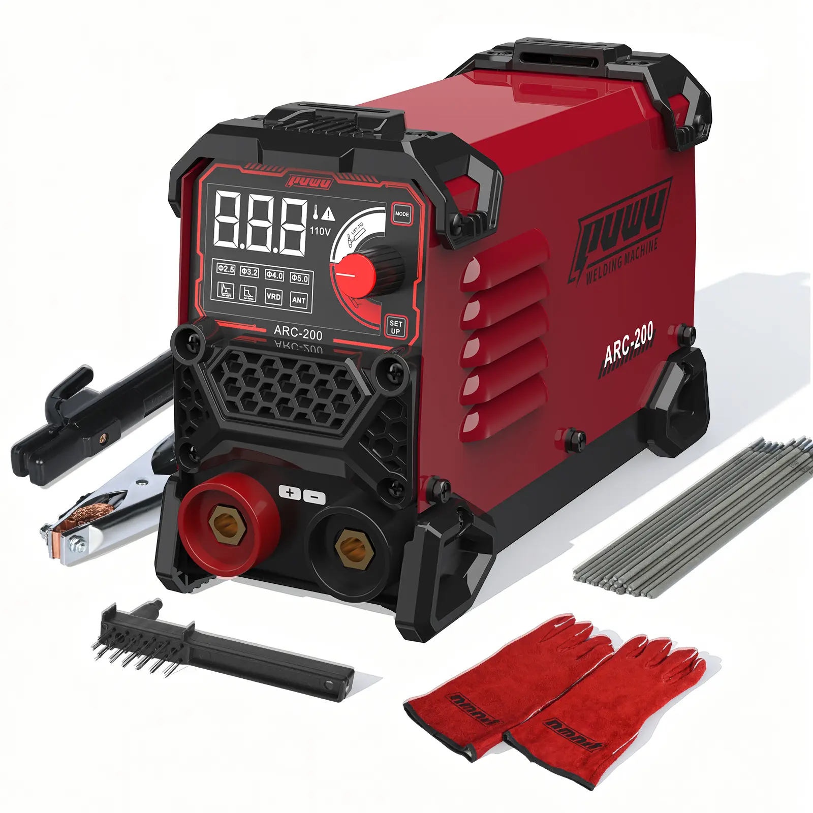 【DealsForYouDays】Puwu 200Amp 110V Stick Welder，ARC/Lift TIG 2-in-1 Welder，Super MINI Portable Welding Machine，Synergic Control IGBT Inverter with Hot Start/VRD/Anti-Stick/ARC Force with 20PCS Rods and Gloves（RED）