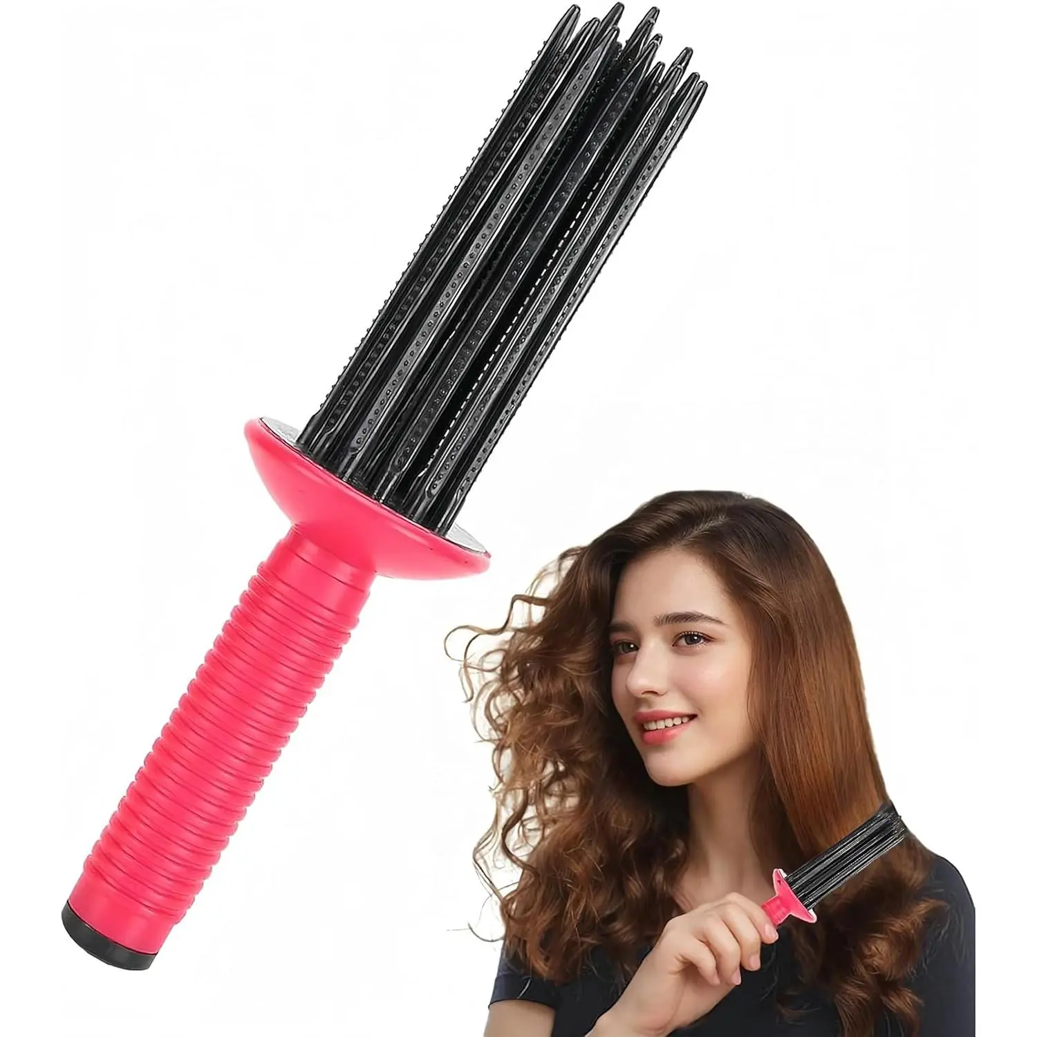 17 Teeth Round Curling Wand with Anti-Slip Styler for Voluminous Curly Hairstyles - Portable Brush with Roller Clips (3 Pcs - Pink) 1Pc