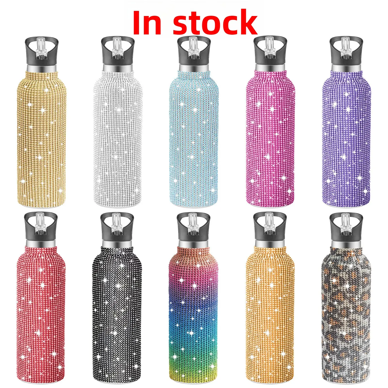 stainless steel straight body sports insulated cup with diamond inlay, portable car cup with straw