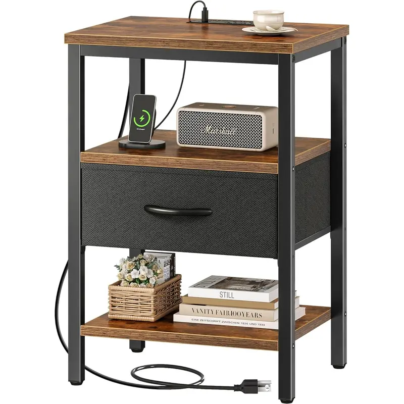 Sweetcrispy Rustic Brown & Black Nightstand with Charging Station - 3-Tier Indoor Furniture, Vintage Wood-Grain Warmth, Adjustable Fabric Drawer, Storage Shelves, Neat 3-Tier Setup, Adjustable Feet, Type-C Power Ready, Bedroom Bedside Table
