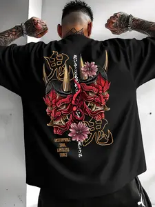 Men’s Japanese Oni Mask Graphic T-Shirt, Oversized Streetwear, Harajuku Style Ukiyo-E Demon Print, Casual Short Sleeve Tee