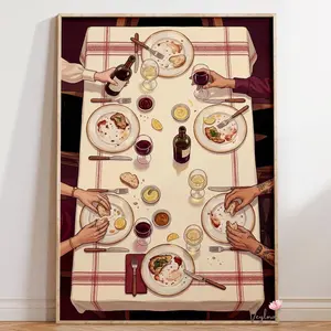 Shared Dinner Table Poster | Vintage Dining Illustration | Food & Wine Wall Art | Family Meal Print | Dining Room Decor