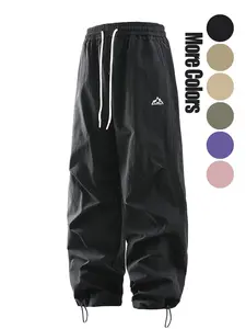 Men's Solid Pocket Drawstring Waist Pants, Casual Athletic Breathable Waterproof Windproof Straight Leg Trousers for Outdoor, Men's Bottoms for All Seasons