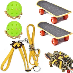 Turtles Playing and Training Toys Set, 1 Adjustable Tortoise Leash 2 Reptile Skateboards 2 Treat Ball, Turtle Fast Skate Accessory Funny Pet Mini Walking Skateboards for Parrot
