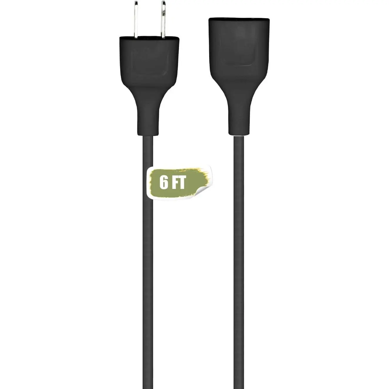 Durable Black 6FT Thin 2-Prong Extension Cord with Single Plug - Indoor/Outdoor Electrical Cord for Christmas Lights, Lamps, TV, Accessories