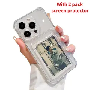 Transparent Card Holder Phone Case With 2 pack screen protector for iPhone 17/16/15/14/13/12/11 Pro Max Pro Plus | DIY for printing photos,Slim Soft Silicone, Shockproof, Stylish Couple Case for Men & Women Cellphone Smartphone