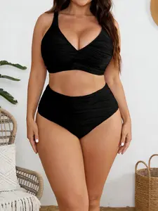 New High Waist Bikini Two-Piece Set, High Waisted Bikini Sets, Deep V Neck, Detachable Pads, Special Fabric, Sexy Style, All Seasons, Crop/short Length, Removable Padding