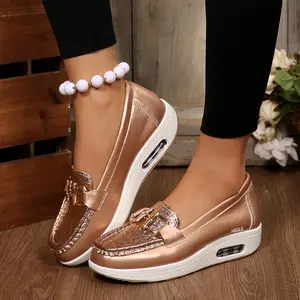 Fashion Wedge Heel Loafers for Women Comfort Air Cushion Footwear with Gold Buckle Detail Indoor Outdoor Shoes