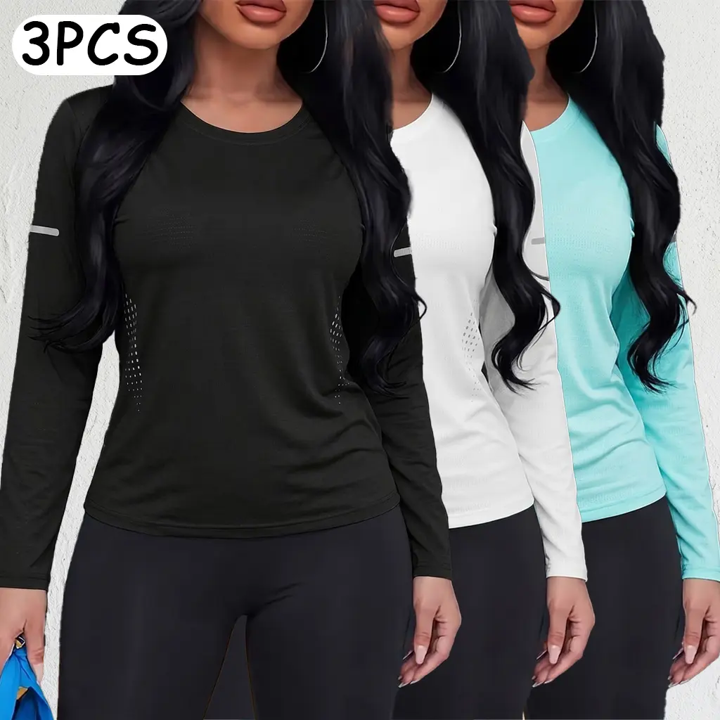 Women's 3-Pack Long-Sleeve Shirts - Casual Athletic Tops, Polyester Blend Round Neck Shirts for Women, Suitable for Hiking, Office, Back to School, Long Sleeve Tops