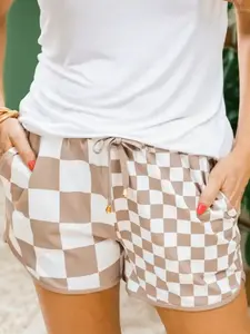 Women's Relaxed Fit Geometric Checkered Summer Shorts with Elastic Waistband Man's Drawstring Lounge Short