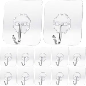 10 Pack Self-Adhesive Hooks, Max Load 22lbs, Transparent Waterproof Sticky Wall Hooks for Keys Bathroom Kitchen Outdoor Use, Bathroom Organizing Accessories