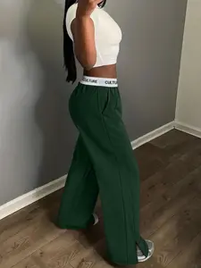 Women's Casual Fit Letter Waist Wide Leg Split Slit Pants, Plain Design, All-Season Wear, Perfect for Daily & Lazy Days