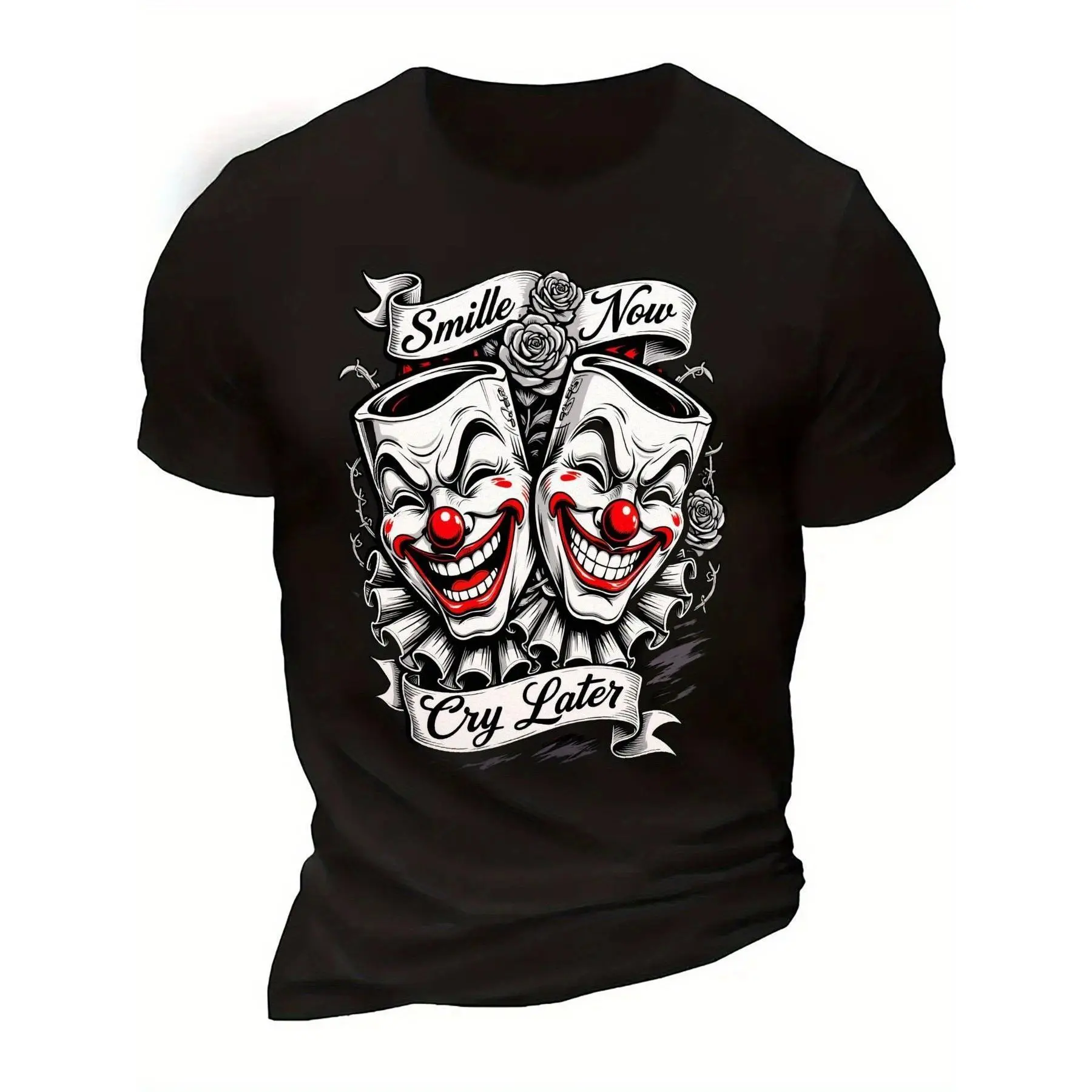 Smile Now Cry Later Clown Mask Graphic T-Shirt - Men's & Unisex Dark Humor Streetwear Tee